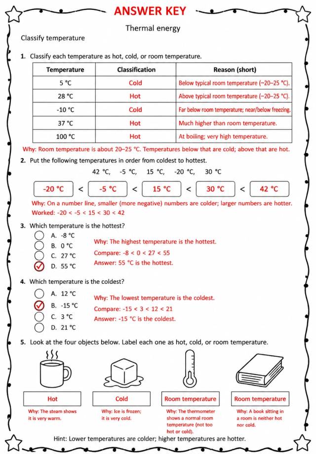 Answer key for Classify temperature — free printable Science worksheet