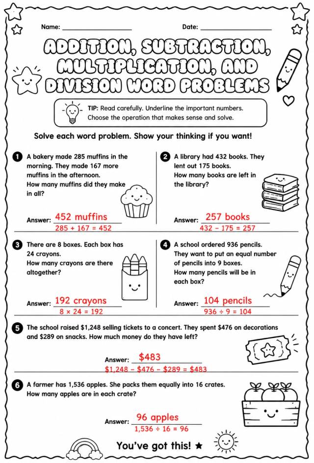 Answer key for Addition, subtraction, multiplication, and division word problems — free printable Math worksheet