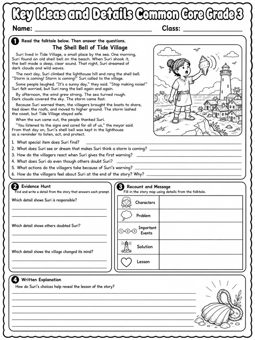 Key Ideas and Details Common Core Grade 3 printable Common Core ELA Grade 3 worksheet preview from KiwiBee