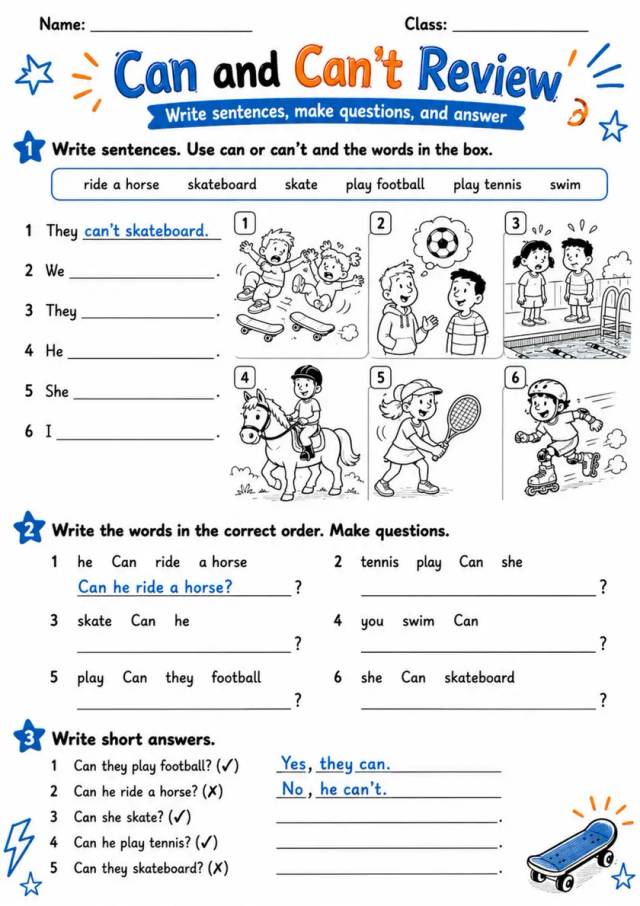 Can And Can'T Review | Grades 2-3 Grammar Worksheet grades 2 3 printable PDF preview