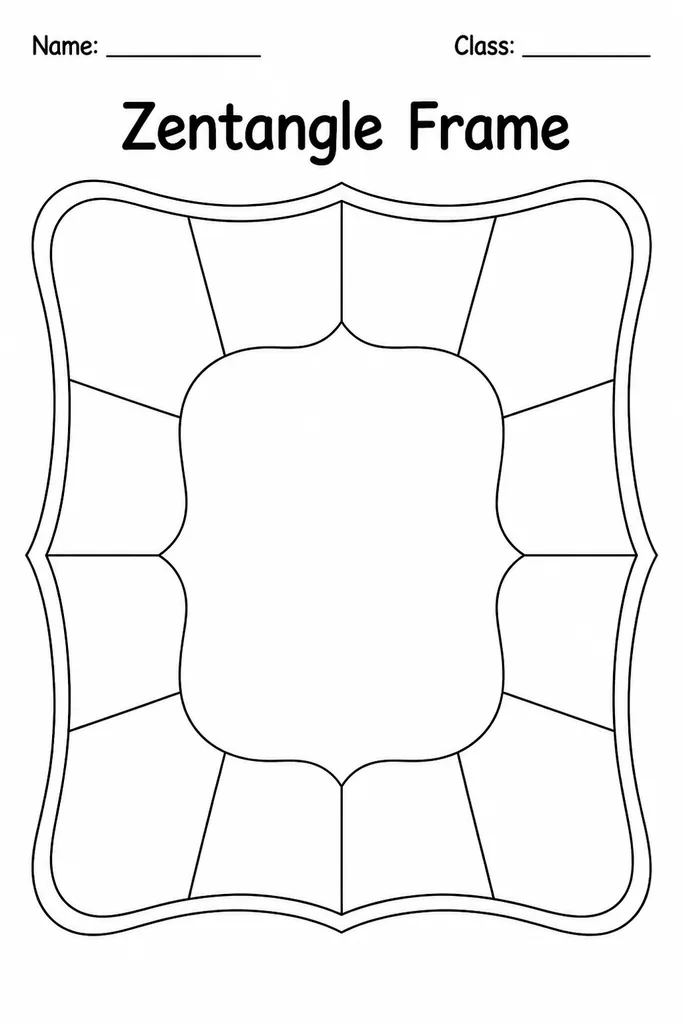 Printable Zentangle frame template showing a rectangular border divided into blank sections of different shapes, ready for students to fill with hand-drawn patterns