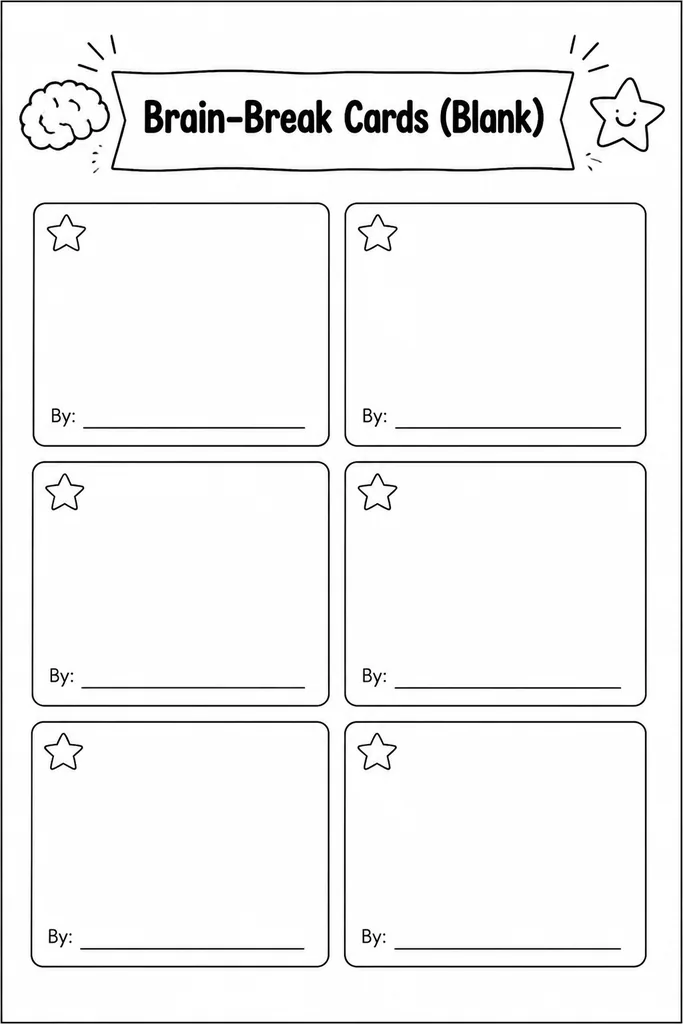 Sheet of blank printable brain-break cards arranged in a grid, ready to be cut out and written on with classroom activities