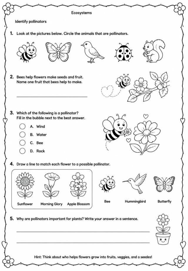 Identify pollinators — free printable Grade 2 Science worksheet