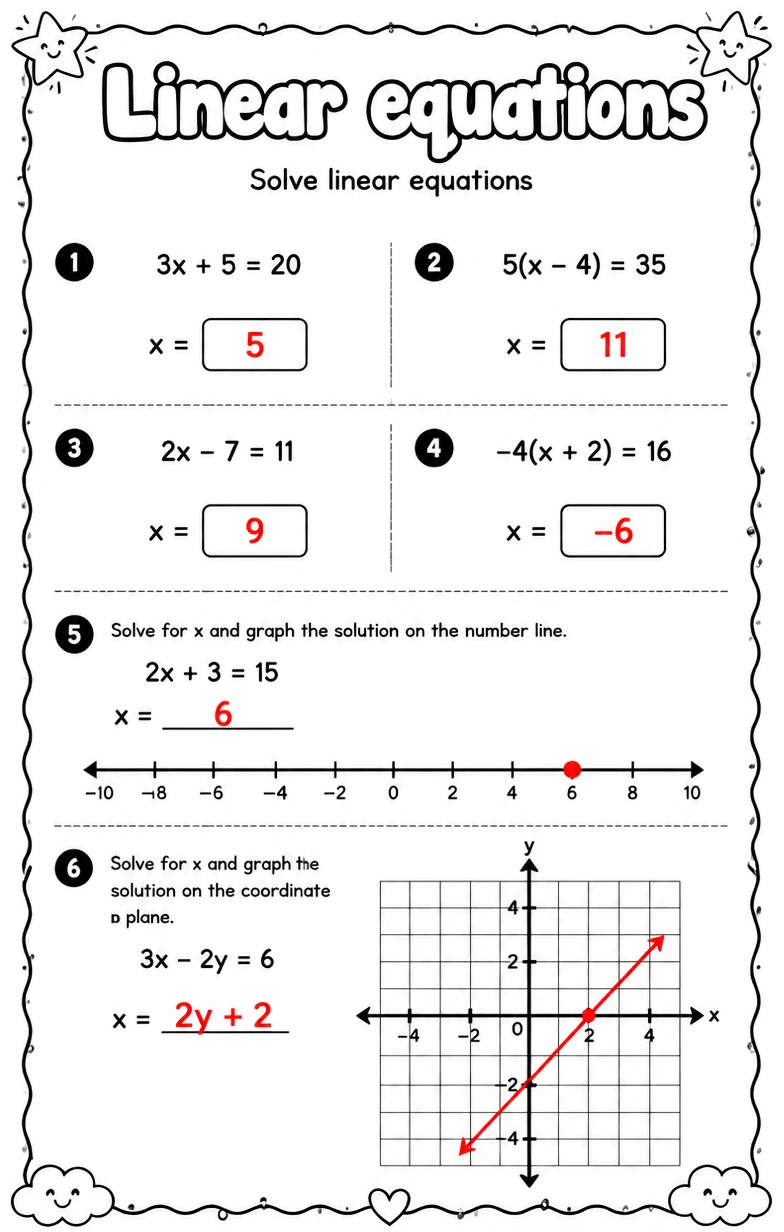 Answer key for Solve linear equations — free printable Math worksheet