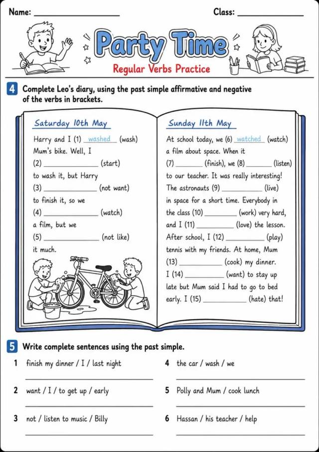 Regular Past Simple: Party Time 3 | Grades 3-4 Grammar Worksheet grades 3 4 printable PDF preview