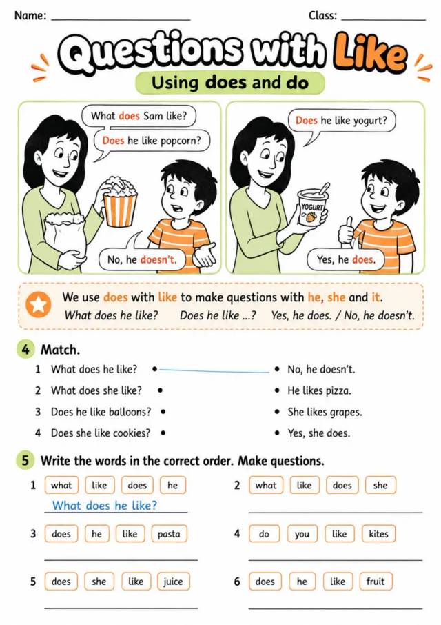 Questions With Like | Grades 2-3 Grammar Worksheet grades 2 3 printable PDF preview