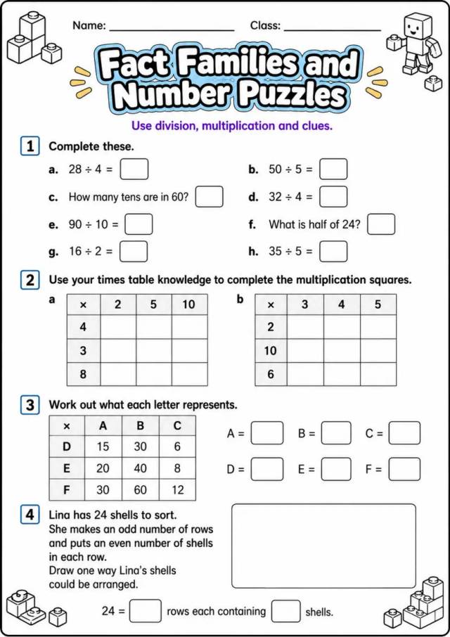 Fact Families and Number Puzzles - Grade 3 Math Worksheet grade 3 printable PDF preview