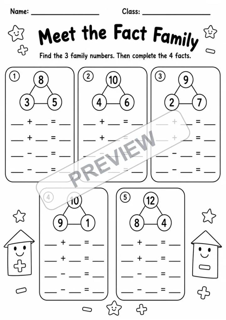 Addition and Subtraction Fact Family Practice Pack | 5 Worksheets | Grades 1-2 watermarked worksheet preview