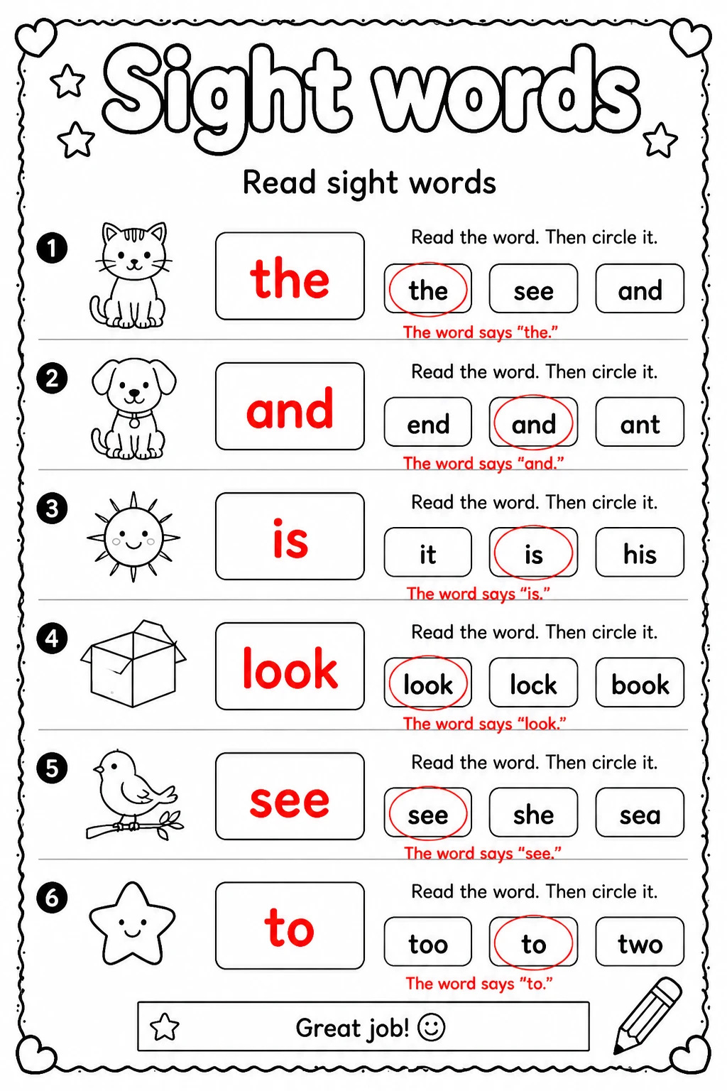 Answer key for Read sight words — free printable English & Reading worksheet
