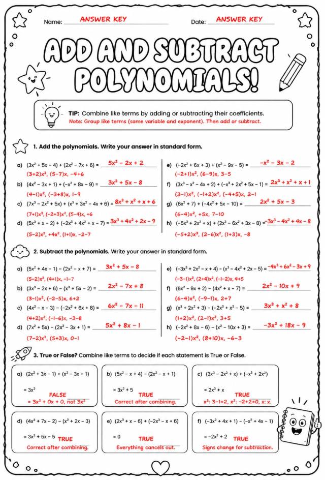 Answer key for Add and subtract polynomials — free printable Math worksheet