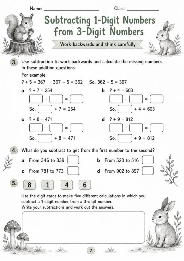 Subtracting 1-Digit Numbers from 3-Digit Numbers - Grade 3 Math Worksheet - grade 3 Calculations and multi-step problem solving grade 3 printable PDF preview