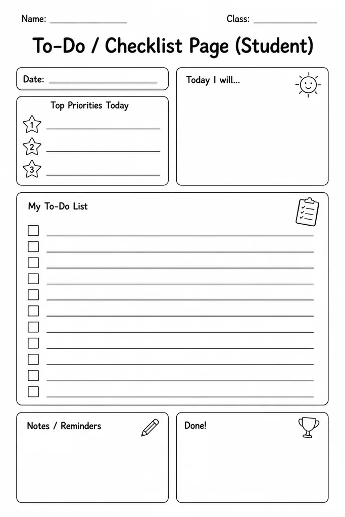 Blank printable student to-do checklist page showing rows of empty checkboxes beside ruled lines for task names and optional due-date columns