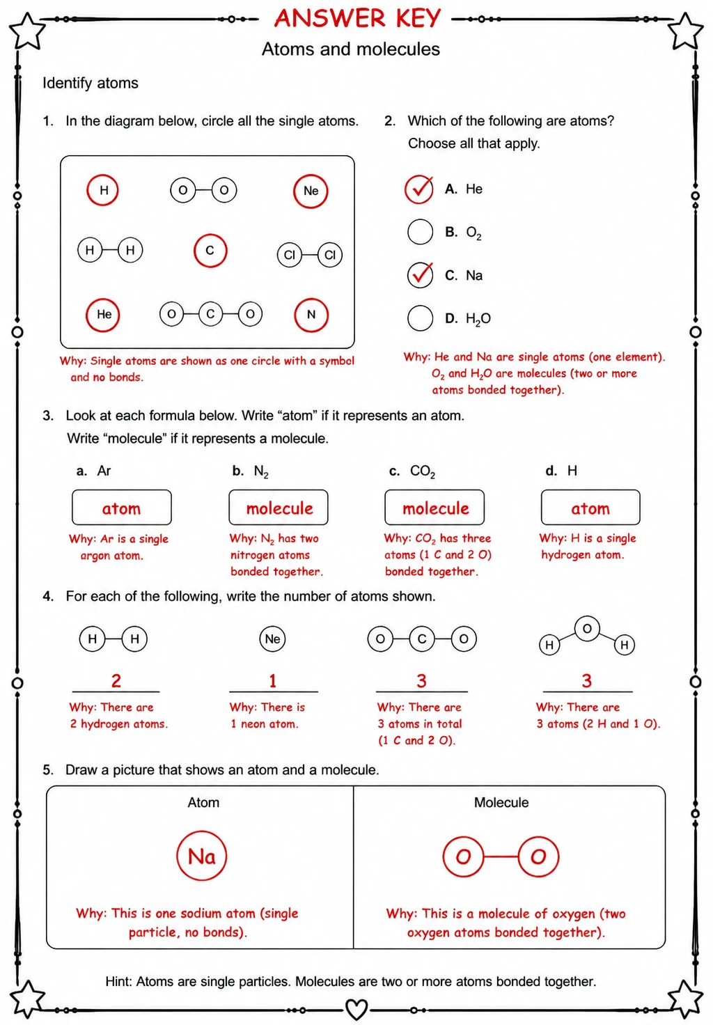 Answer key for Identify atoms — free printable Science worksheet