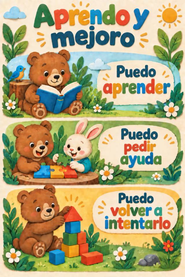 Póster Aprendo y mejoro con un oso leyendo, un oso y un conejo haciendo un rompecabezas y un oso construyendo con bloques junto a tres mensajes.