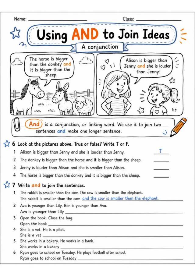 Using And To Join Ideas | Grades 2-3 Grammar Worksheet grades 2 3 printable PDF preview