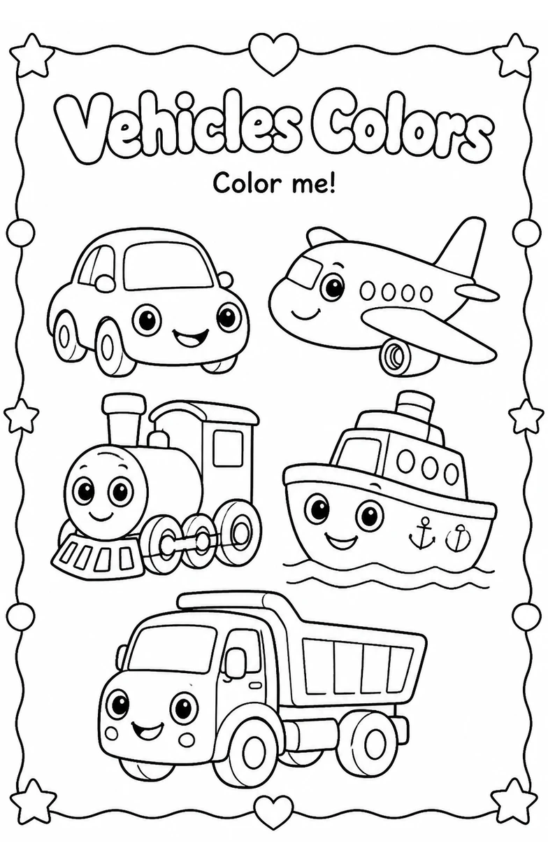 Vehicles Colors Coloring Page — free printable Grade 1 Art worksheet