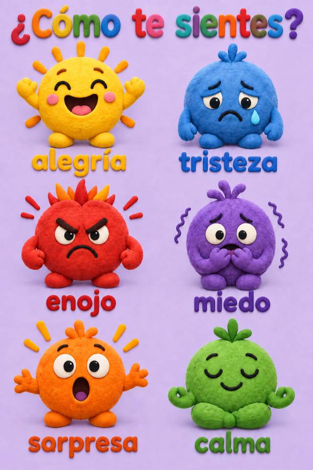 Seis personajes coloridos de fieltro con las etiquetas alegría, tristeza, enojo, miedo, sorpresa y calma bajo la pregunta ¿Cómo te sientes?