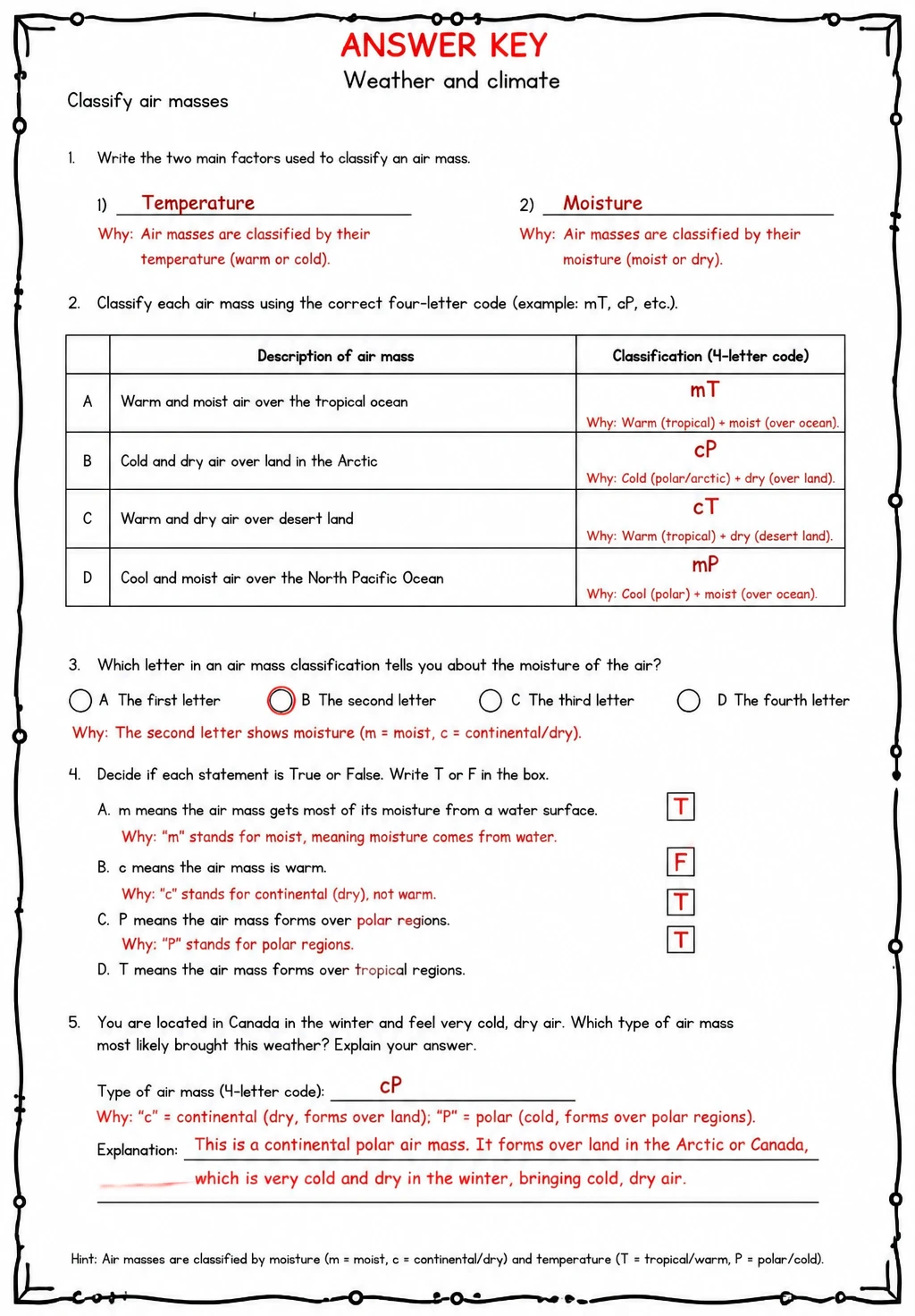 Answer key for Classify air masses — free printable Science worksheet