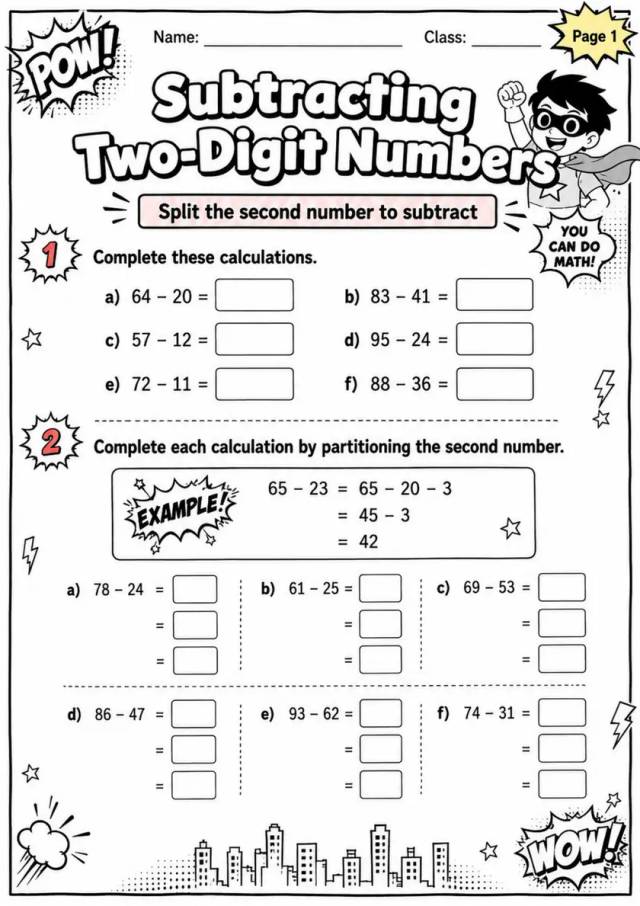 Subtracting Two-Digit Numbers - Grade 3 Math Worksheet - grade 3 Printable independent practice grade 3 printable PDF preview