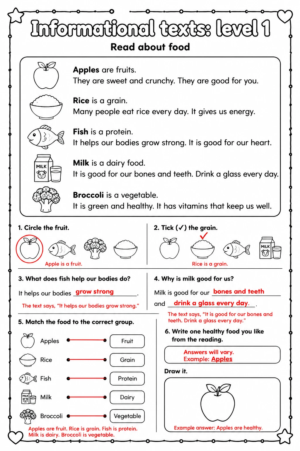 Answer key for Read about food — free printable English & Reading worksheet