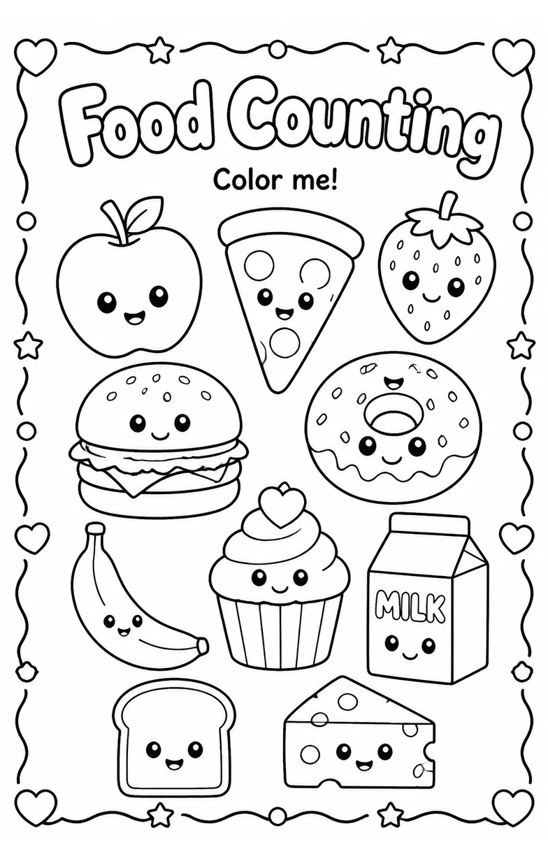 Food Counting Coloring Page — free printable Pre-K Math worksheet