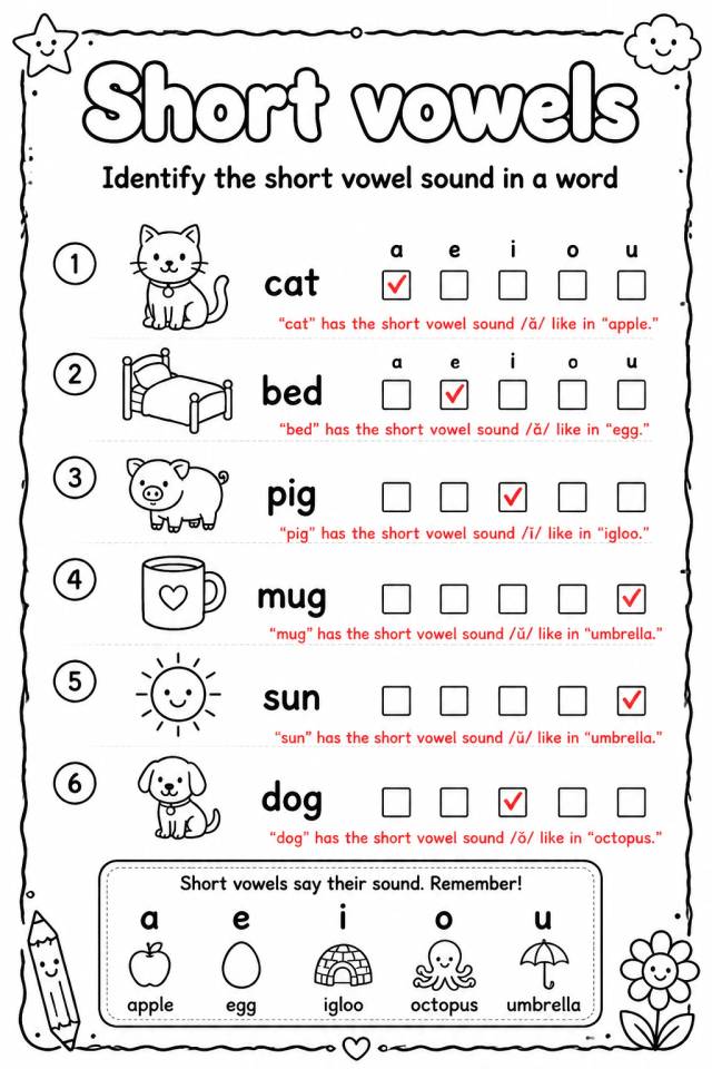 Answer key for Identify the short vowel sound in a word — free printable English & Reading worksheet