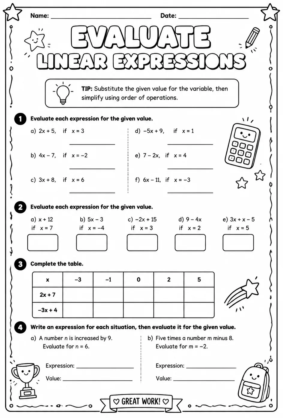 Evaluate linear expressions — free printable Grade 7 math worksheet