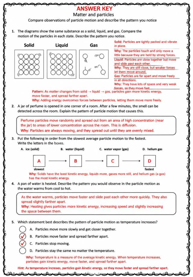 Answer key for Compare observations of particle motion and describe the pattern you notice — free printable Science worksheet