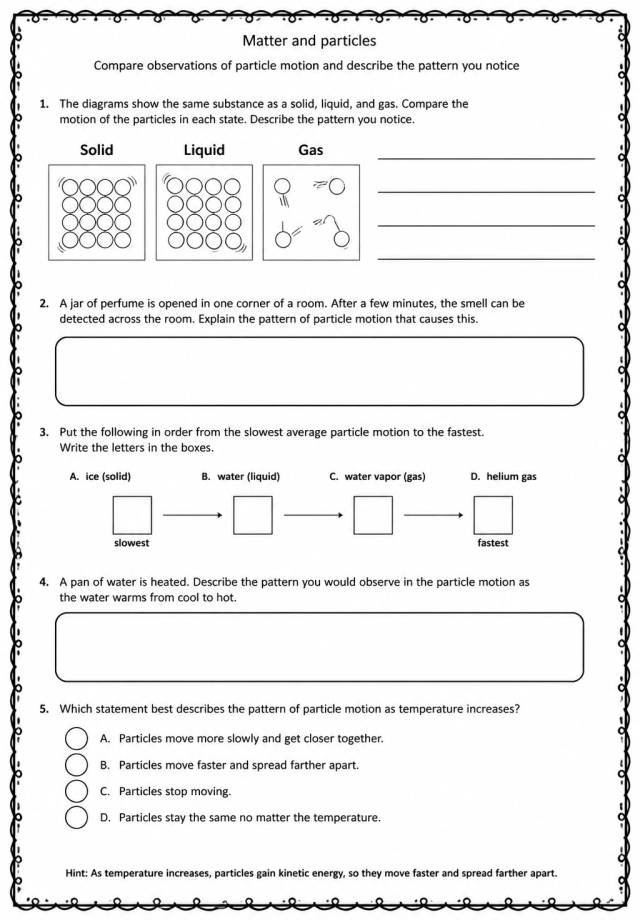 Compare observations of particle motion and describe the pattern you notice — free printable Middle School Science worksheet