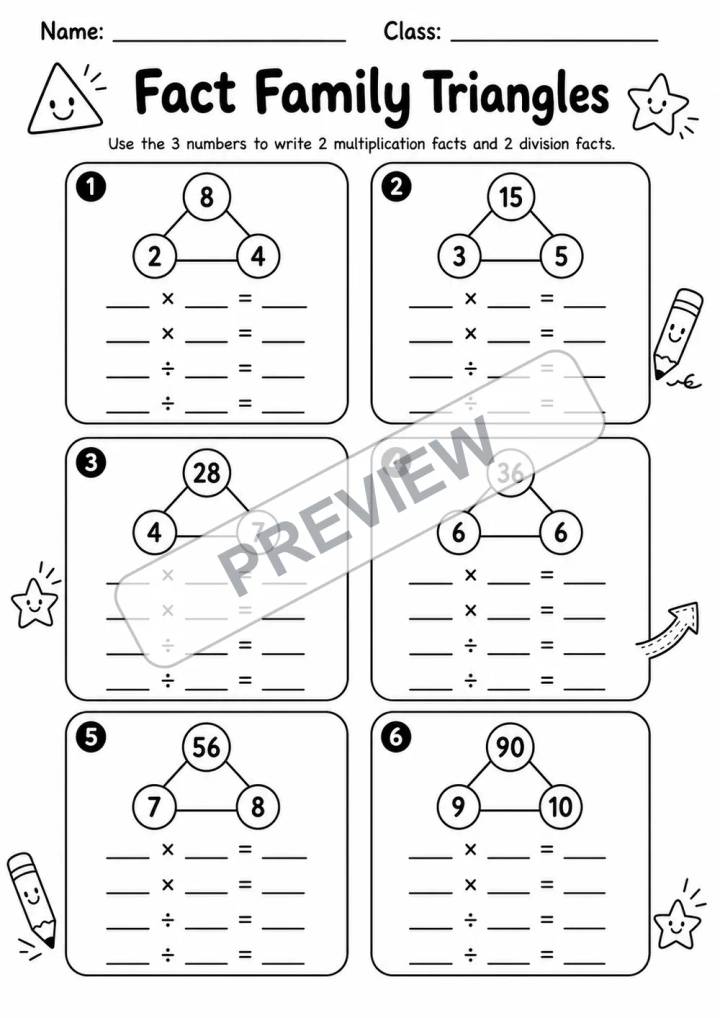 Multiplication & Division Fact Families | 7 Worksheets | Grade 3 watermarked worksheet preview