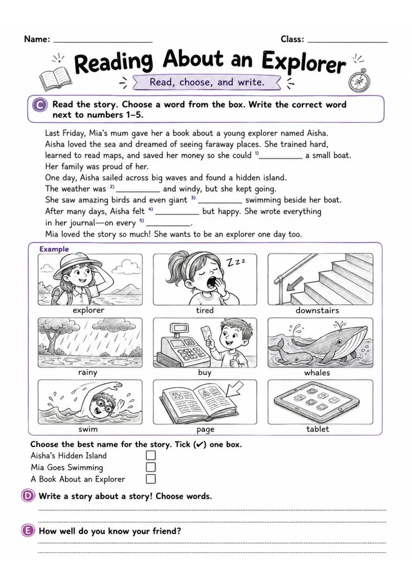 Cambridge MOVERS - Reading About an Explorer | Free Worksheet primary printable PDF preview