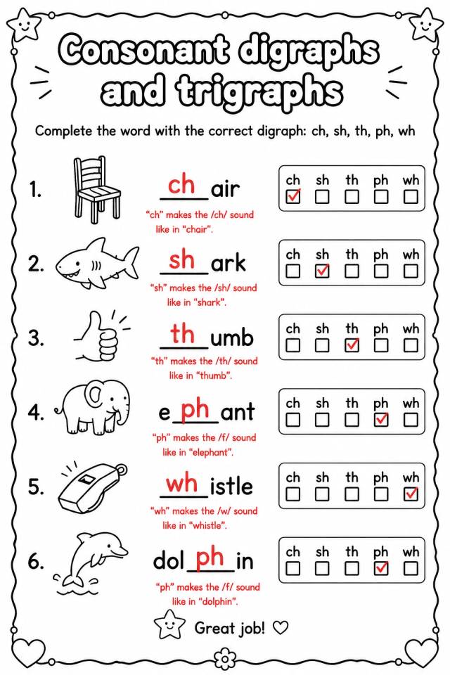 Answer key for Complete the word with the correct digraph: ch, sh, th, ph, wh — free printable English & Reading worksheet