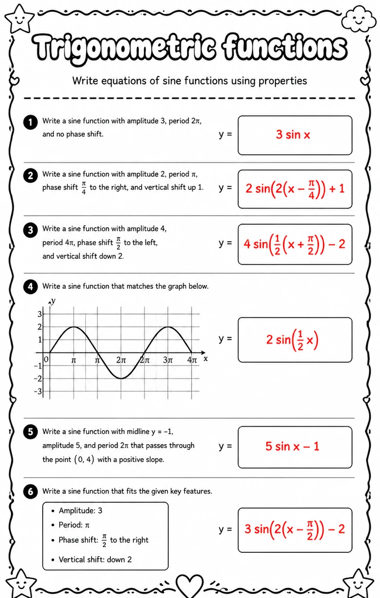 Answer key for Write equations of sine functions using properties — free printable Math worksheet