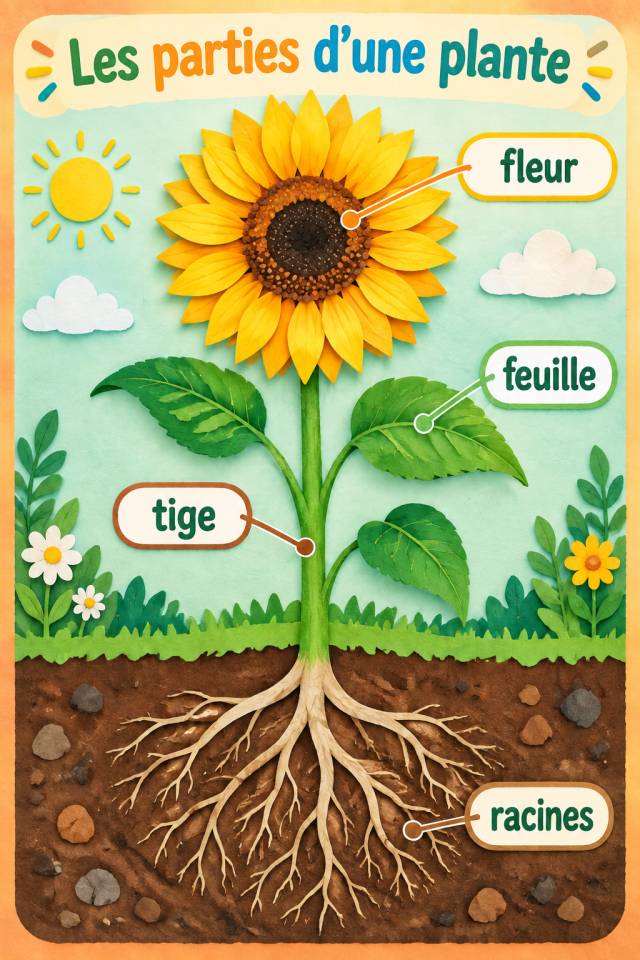 Tournesol de style papier découpé avec les légendes fleur, feuille, tige et racines ; les racines sont visibles sous la terre.