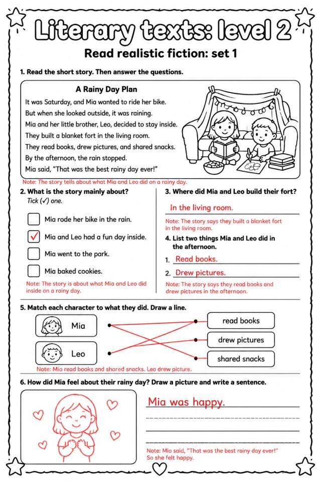 Answer key for Read realistic fiction: set 1 — free printable English & Reading worksheet