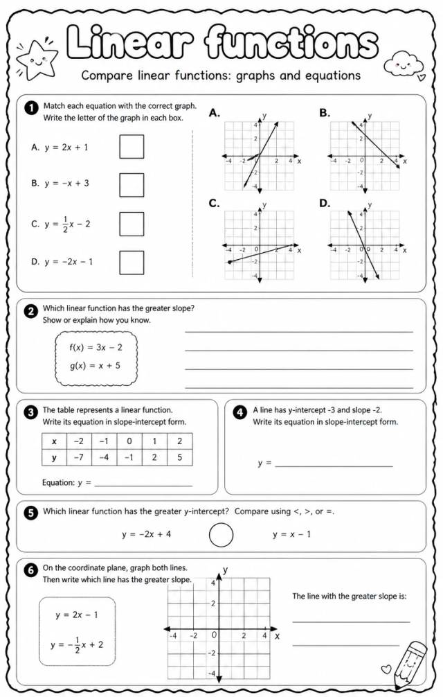 Compare linear functions: graphs and equations — free printable Algebra 1 math worksheet