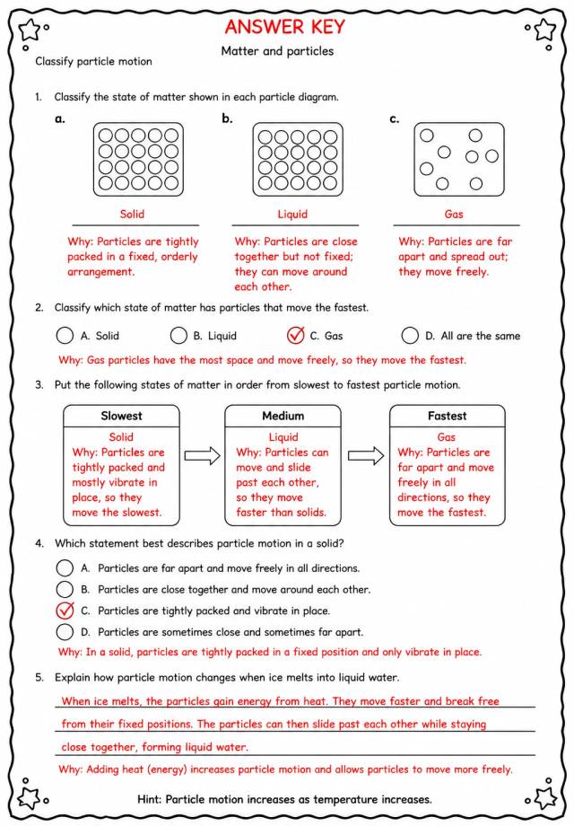 Answer key for Classify particle motion — free printable Science worksheet