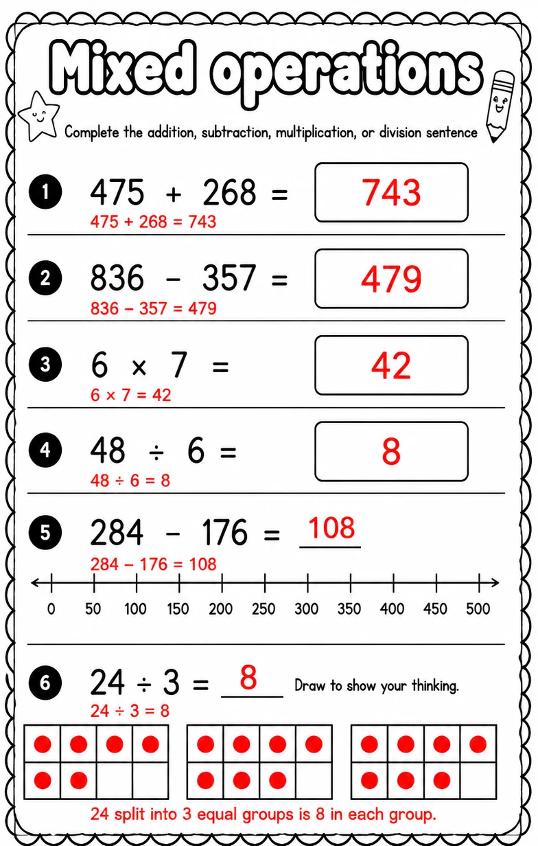 Answer key for Complete the addition, subtraction, multiplication, or division sentence — free printable Math worksheet