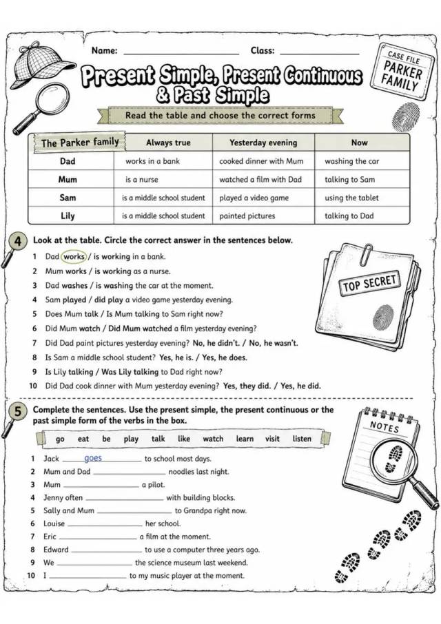 Present Simple, Present Continuous & Past Simple 2 | Grade 5 Grammar Worksheet grade 5 printable PDF preview