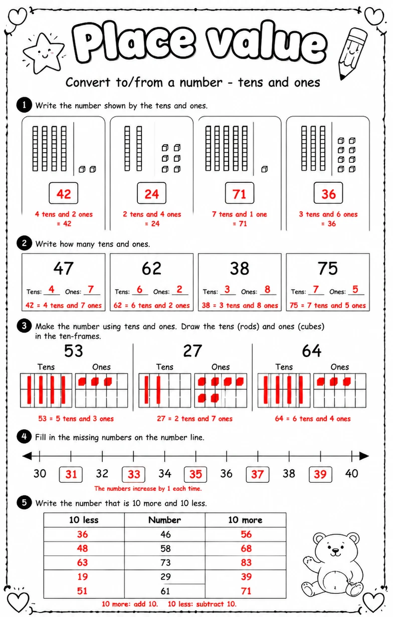 Answer key for Convert to/from a number - tens and ones — free printable Math worksheet