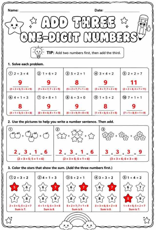 Answer key for Add three one-digit numbers — free printable Math worksheet