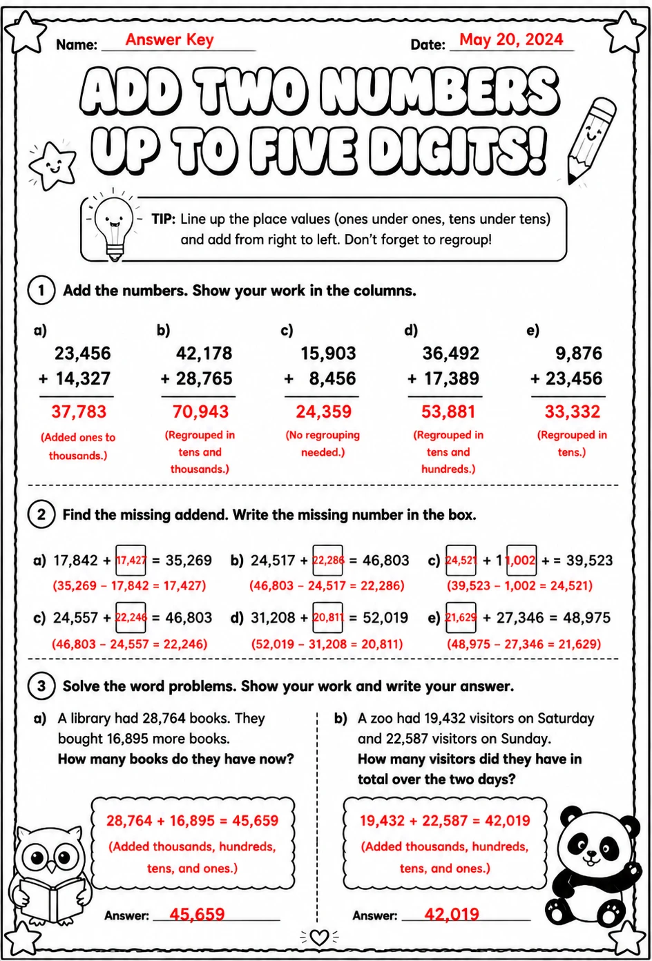 Answer key for Add two numbers up to five digits — free printable Math worksheet