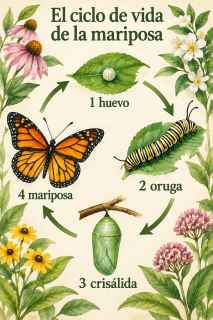 Póster del ciclo de vida de la mariposa en acuarela botánica