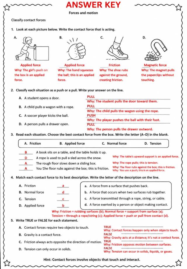 Answer key for Classify contact forces — free printable Science worksheet