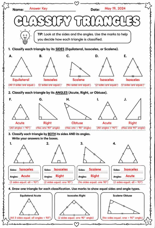 Answer key for Classify triangles — free printable Math worksheet