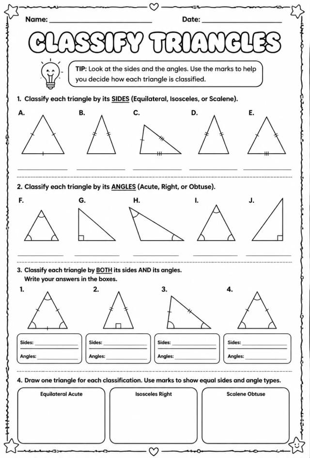 Classify triangles — free printable Grade 4 math worksheet