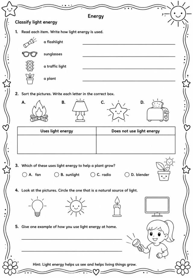 Classify light energy — free printable Grade 3 Science worksheet
