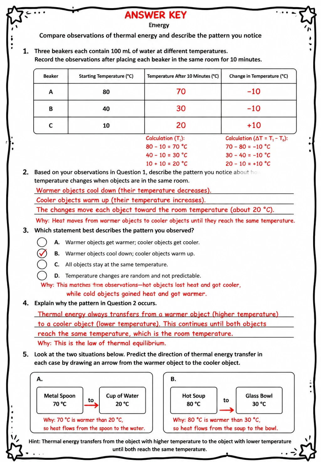 Answer key for Compare observations of thermal energy and describe the pattern you notice — free printable Science worksheet