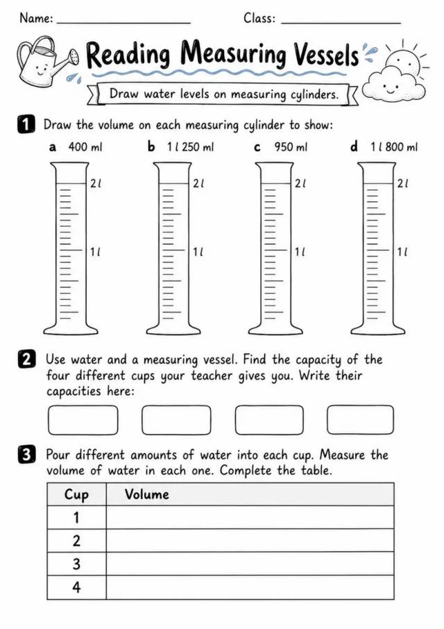 Reading Measuring Vessels - Grade 3 Math Worksheet grade 3 printable PDF preview