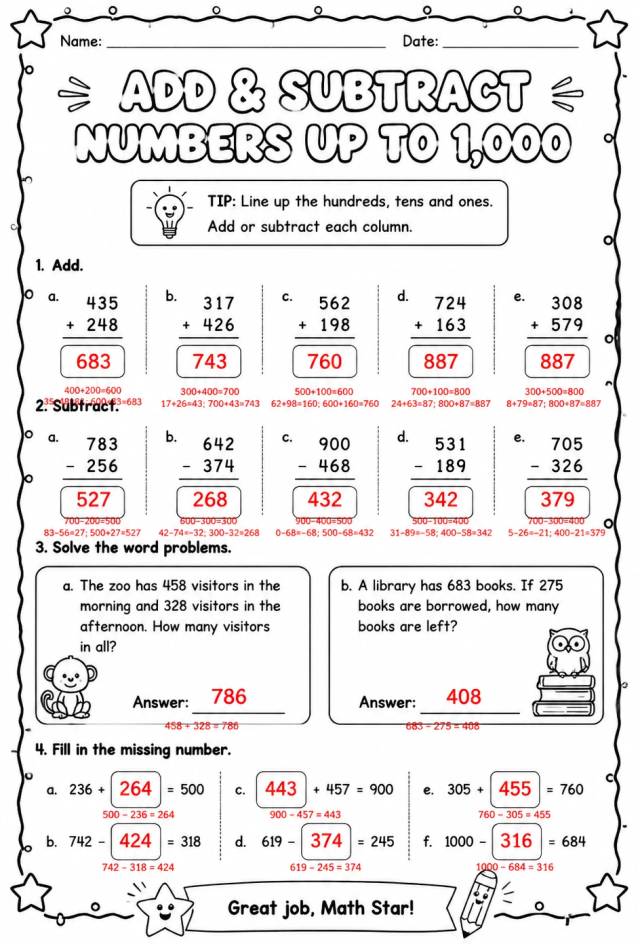 Answer key for Add and subtract numbers up to 1,000 — free printable Math worksheet